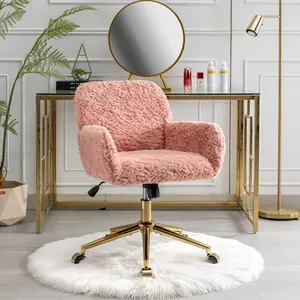 Cute Home Office Chair Modern Swivel Desk Chair with Wheels- Makeup Vanity Chairs with Back - Alpaca Fleece Upholstered Rolling Chairs for Vanity Makeup Room Girls Women Pink