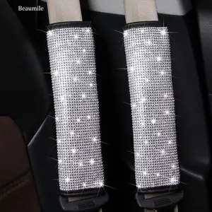 JOKG Seat Belt Pads 2-Pack Bling Seat Belt Covers Soft PU Leather Crystal Seat Belt Shoulder Pads Rhinestone Bling Car Accessories For Women (White)