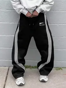 Men's Fashion Street Style Classic Color Sports Pants, Side Lines Dynamic Design, Simple Star Print, Comfortable Versatile Fit