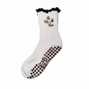 Treat Yourself Pilates Pie & Lattes White Grip Socks with Chocolate Brown Grips Adorable Embroidered Icons for Self-Care and Pilates