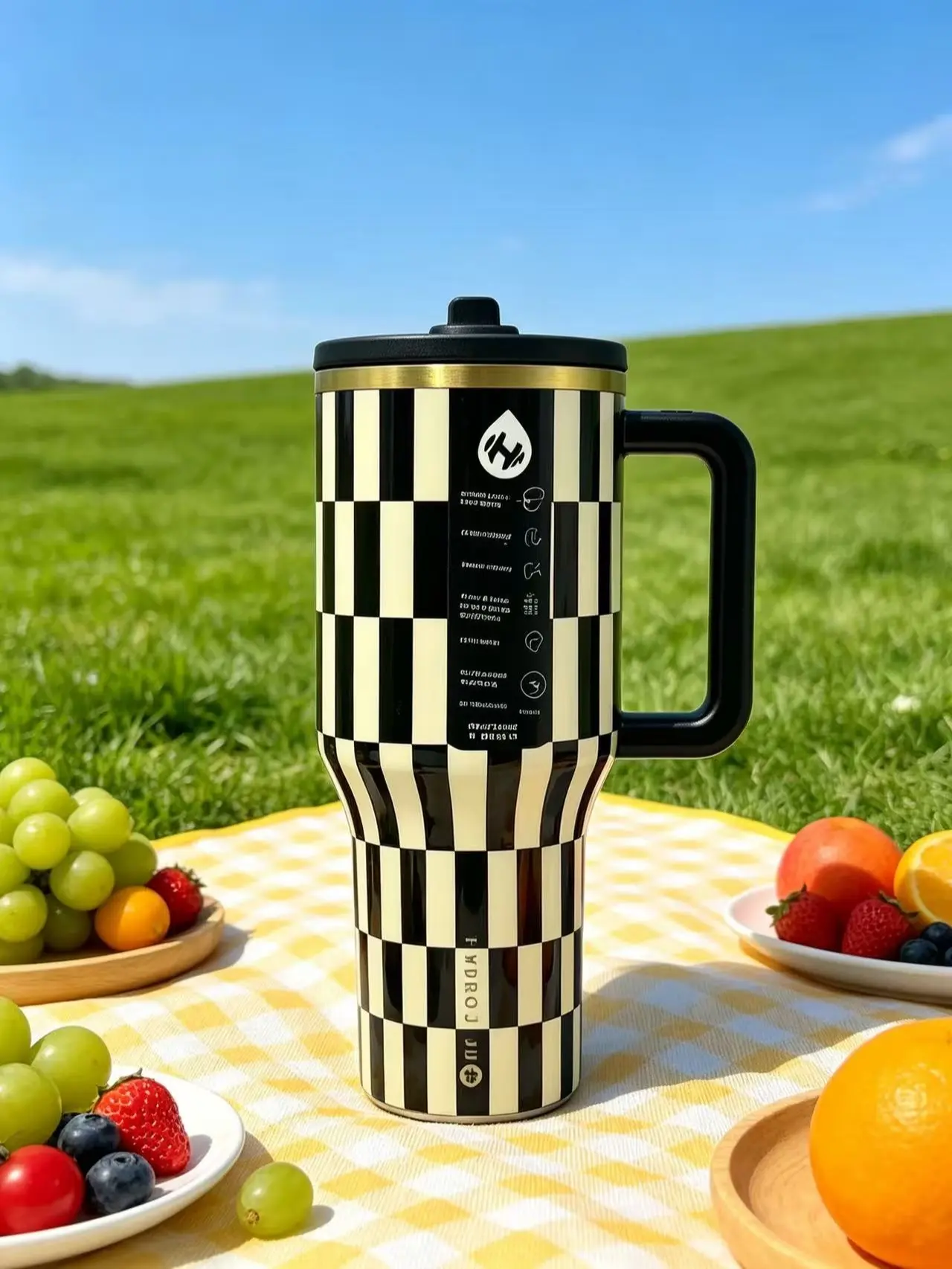 40oz insulated black cream check work cup, BPA-free reusable water bottle, suitable for office, commuting, gym and daily use Drinkware Tumbler Mug Bottled Portable Washable