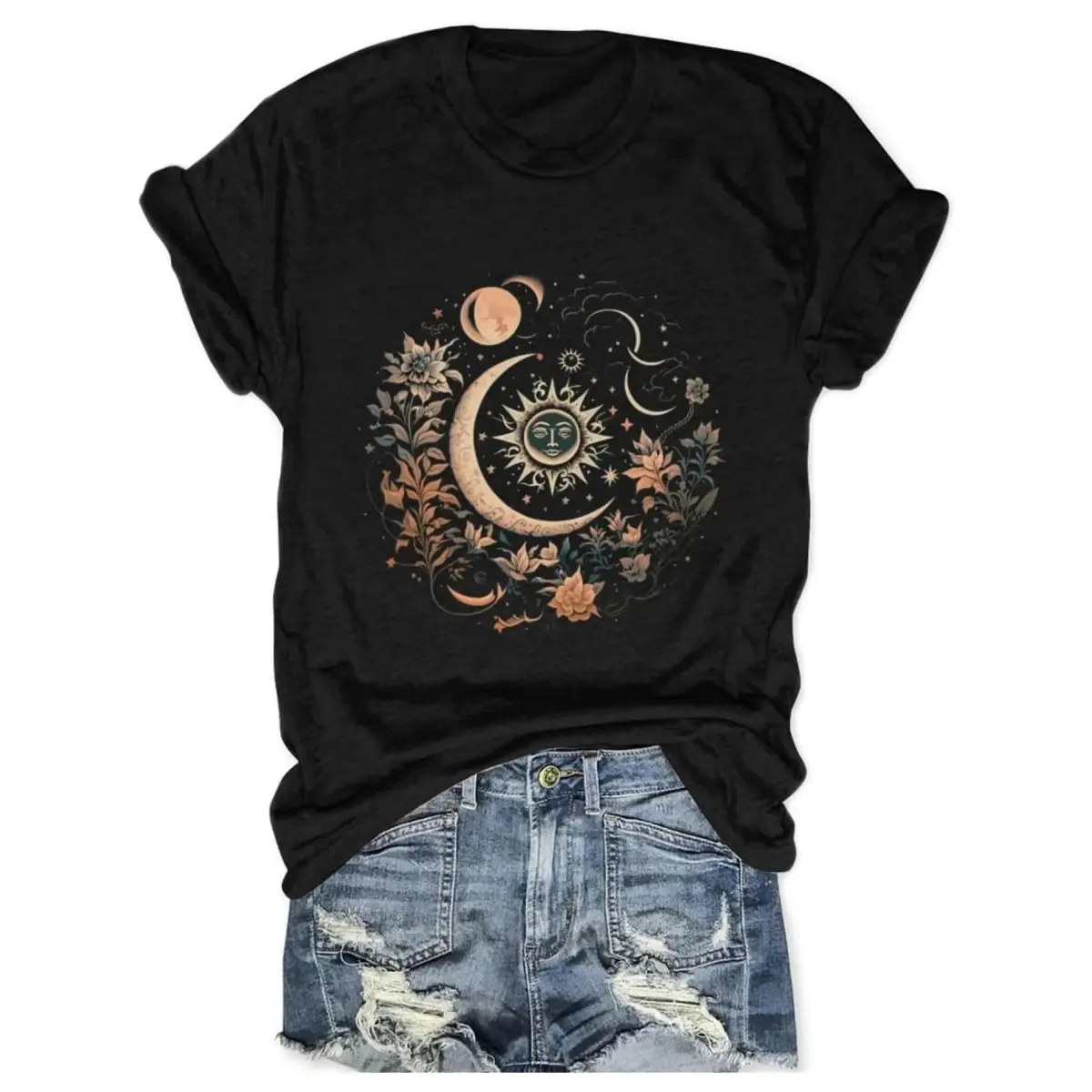 Oversized Graphic Tee Women Mystical Moon and Sun Flower Shirt Vintage Wildflower T Shirts Boho Graphic Tees Short Sleeve Celestial Moon Tops Oversized Boxy Fit Streetwear Basics Unisex T-shirts S-5XL,big,trend,fem,womens,perfect,salon,mystery,bundle