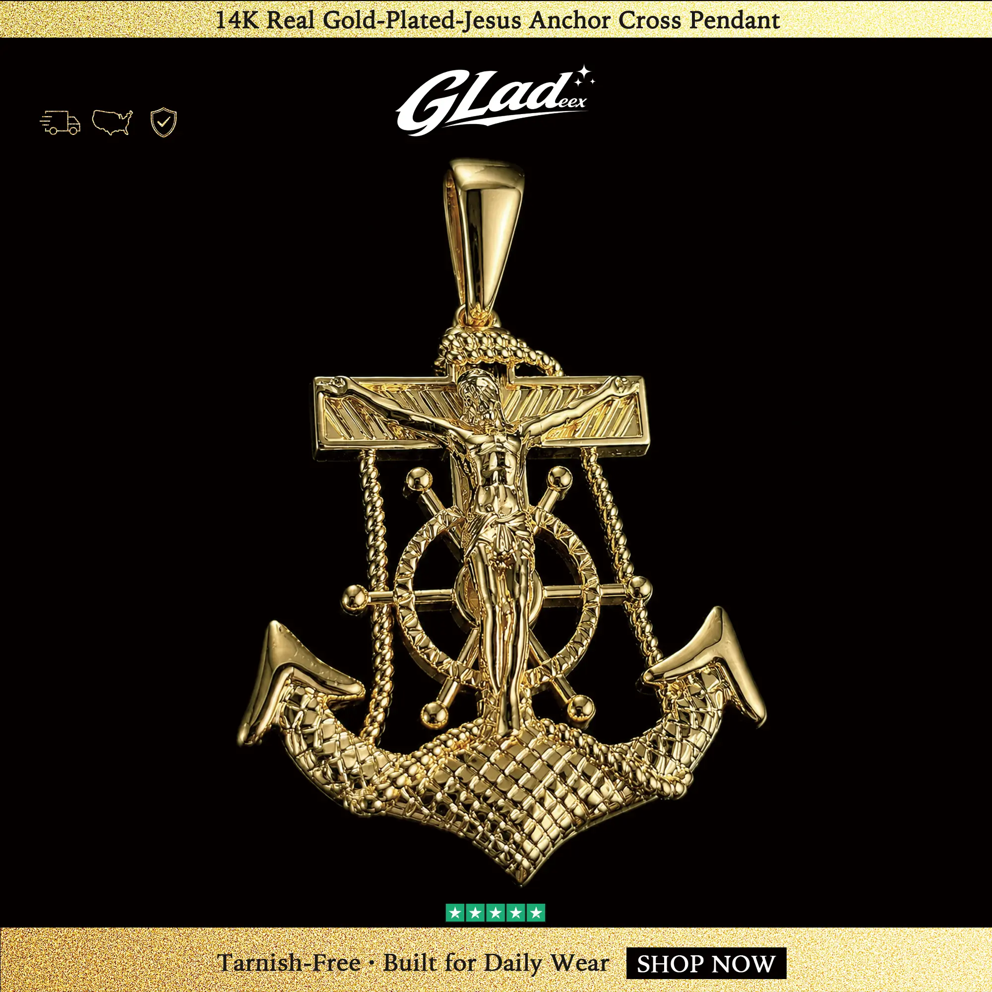 Gladeex Real 14K Gold Plated Jesus Anchor Cross Pendant Necklace for Men, Rope Chain & Pendant Set, Tarnish-Free Waterproof Hip Hop Religious Jewelry, Secure Clasp