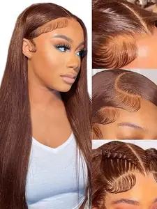 4x4 Glueless Wig HD Lace Closure Straight Natural Looking Hair Wig Chocolate Brown Lace Closure Wig 180% Density Wig Pre-Cut Lace Glueless Wig
