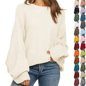 Goranbon Women's Oversized Crewneck Sweater Batwing Puff Long Sleeve Cable Slouchy Pullover Jumper Tops