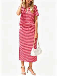 Women's 2026 Summer 2-Piece Striped Loose-Fitting Collared Set - Short Sleeve Comfortable Soft Fabric Polo Neck T-Shirt & Split Midi Skirt, Casual Loungewear