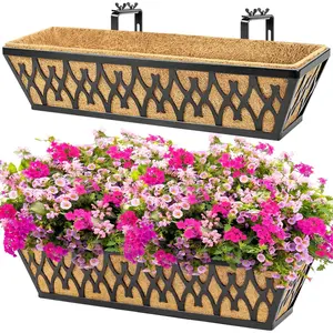 2 Pack 24 Inch Window Boxes Planters Railing Planter Box with Adjustable Brackets for Porch Fence Patio Balcony  Flower Baskets with Coco Liners for Outdoor Garden Decor - Black