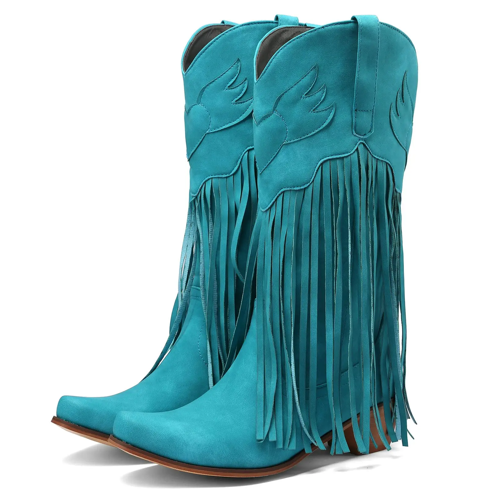 Women's Cowgirl Boots - Knee-High Western Pull-On with Fringe Tassels, Embroidery, Pointed Toe, and a 5cm Chunky Heel, Boot Heels, Country Concert, Party, Statement Shoes, Plain, Rodeo Outfit Inspo, Western Ootd, Cowboy Aesthetic, Pu Inside, Mid-Calf, Rub