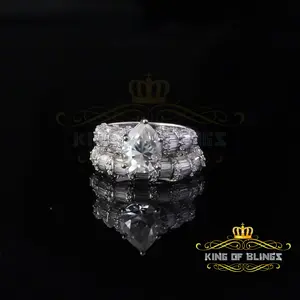 King of Bling's 6.00ct Silver Pear Cut White 925 Moissanite Sapphire 2pcs Bridal Set Ring Size 8