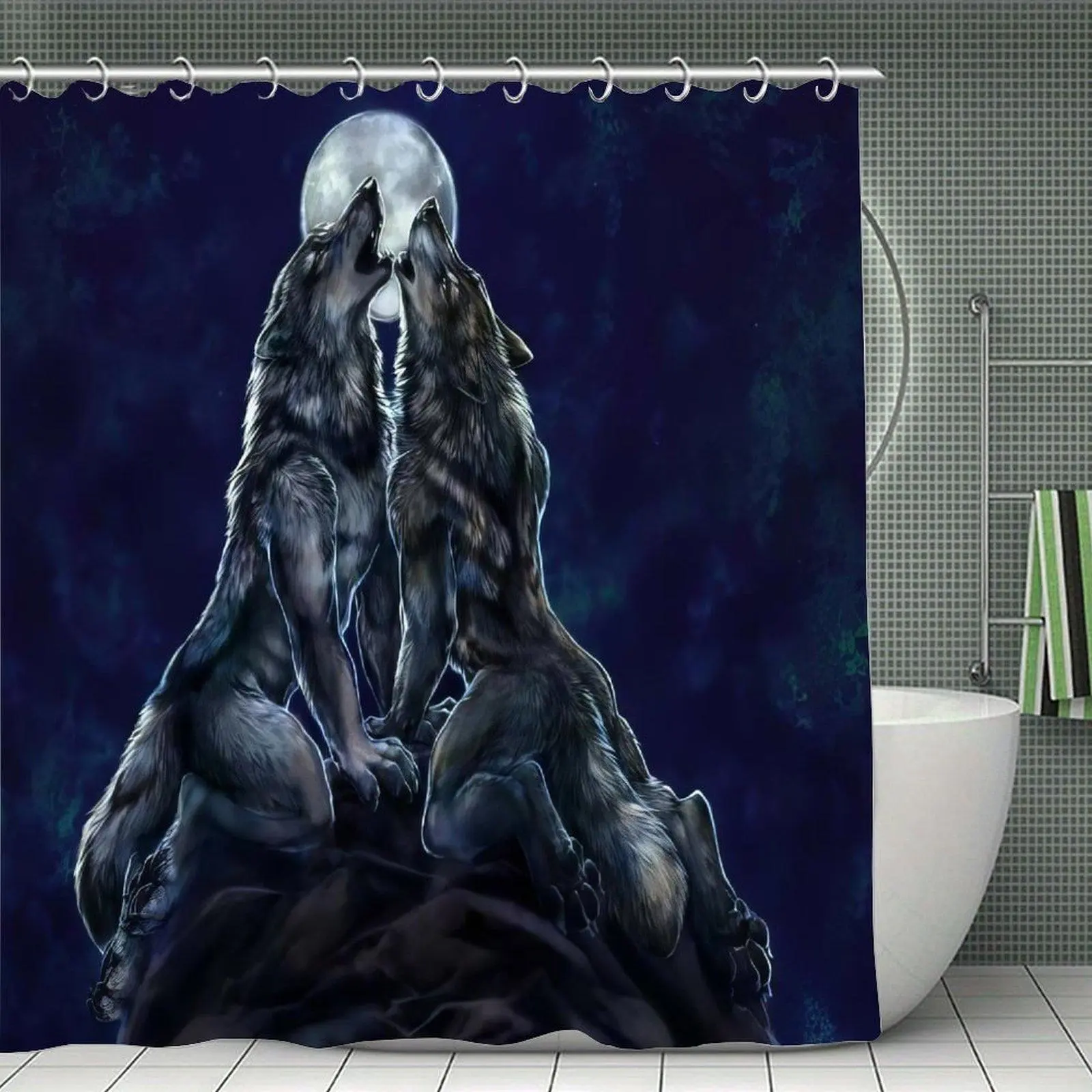 Two Wolves Howling At Moon Dark Fantasy Poster, Gothic Lone Wolf Art Print, Cool Mystical Wall Decor for Room