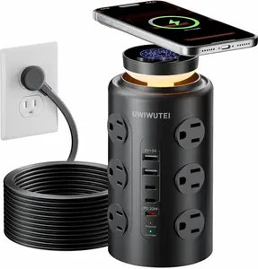 Tower Power Strip Surge Protector with Wireless Charging & Night Light - PD20W Fast Charging Station,12 Outlets, 5 USB (3 USB-C),1800J Protection, 6FT Extension Cord, Home Office Essentials (Black)