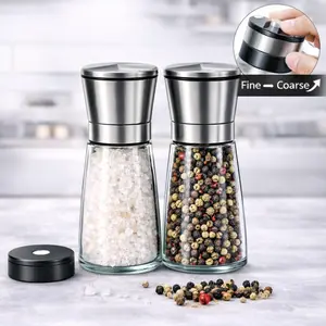 Salt and Pepper Grinder Set of 2, Refillable Stainless Steel Pepper Mills, Adjustable Coarseness Glass Shakers for Salt, Pepper & Spices