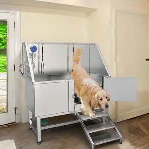 YITAMOTOR 50" Dog Bathtub, Professional Stainless Steel 304 Dog Bathing Station, Dog Grooming Tub w/Right Stairs, Floor Grate, Faucet, Pet Washing Station for Large, Medium, Small Pets