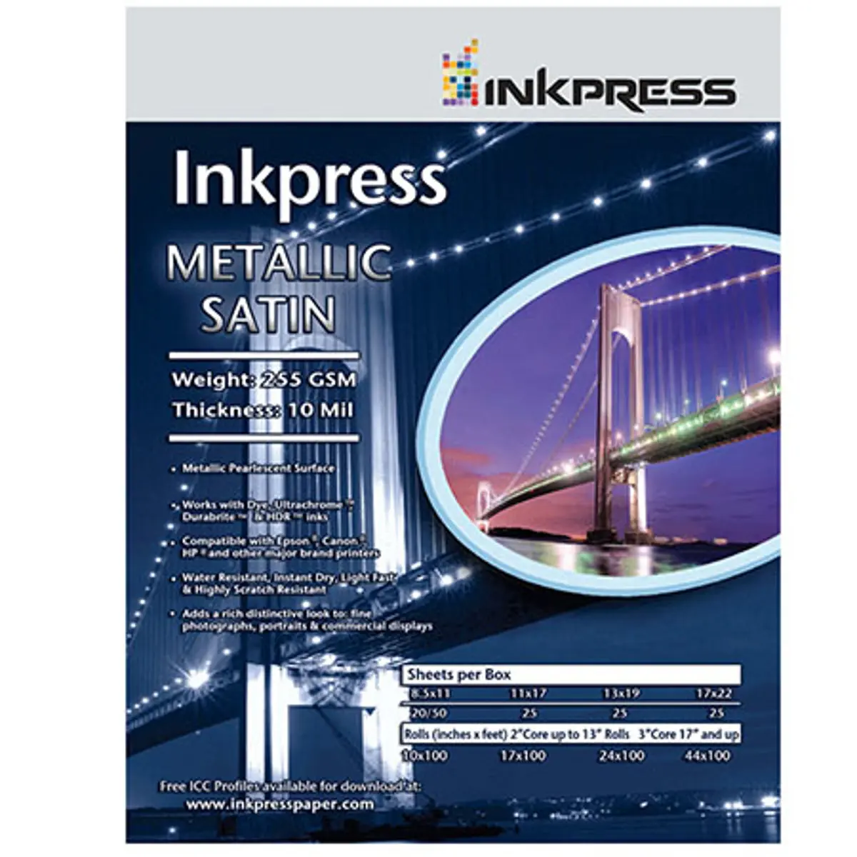 Inkpress Metallic Satin Inkjet Paper, 255 gsm, 10 mil, Metallic Pearlescent Surface, 8.5x11", 50 Sheets