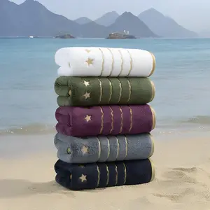 A Set of 5 Coral Fleece Towels with Golden Embroidery, Premium Towel Set, Measuring 35X75 CM, High Absorbency, Quick-Drying, Lightweight And Soft, Suitable for Bathroom Use, Available in Multiple Colors, Ideal for Home, Sports, Spa