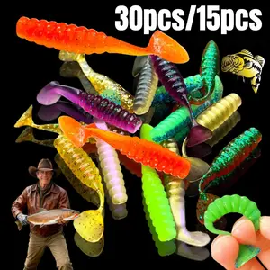 30/15pcs artificial fishing lures, T-shaped tail, ribbed lures, maggot baits, swimming baits, suitable for sea bass fishing, colorful bag packaging, Soft Fishing Lure