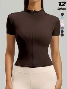 Women's Summer Short Sleeve Zipper Stand Collar Sport High Elasticity Jacket, High Stretch Quick-Dry Fitness Top, Tight Running Yoga Outerwear, Spring & Summer Wear