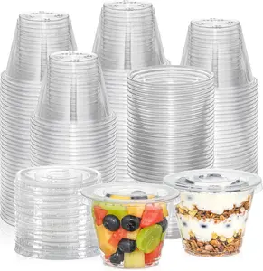 9oz  Plastic Cups With Flat Lids No Hole, Disposable Cups With Lids for Ice Cream, Pudding, Cake, Snacks Smoothie, Milkshake, Cold Drinks