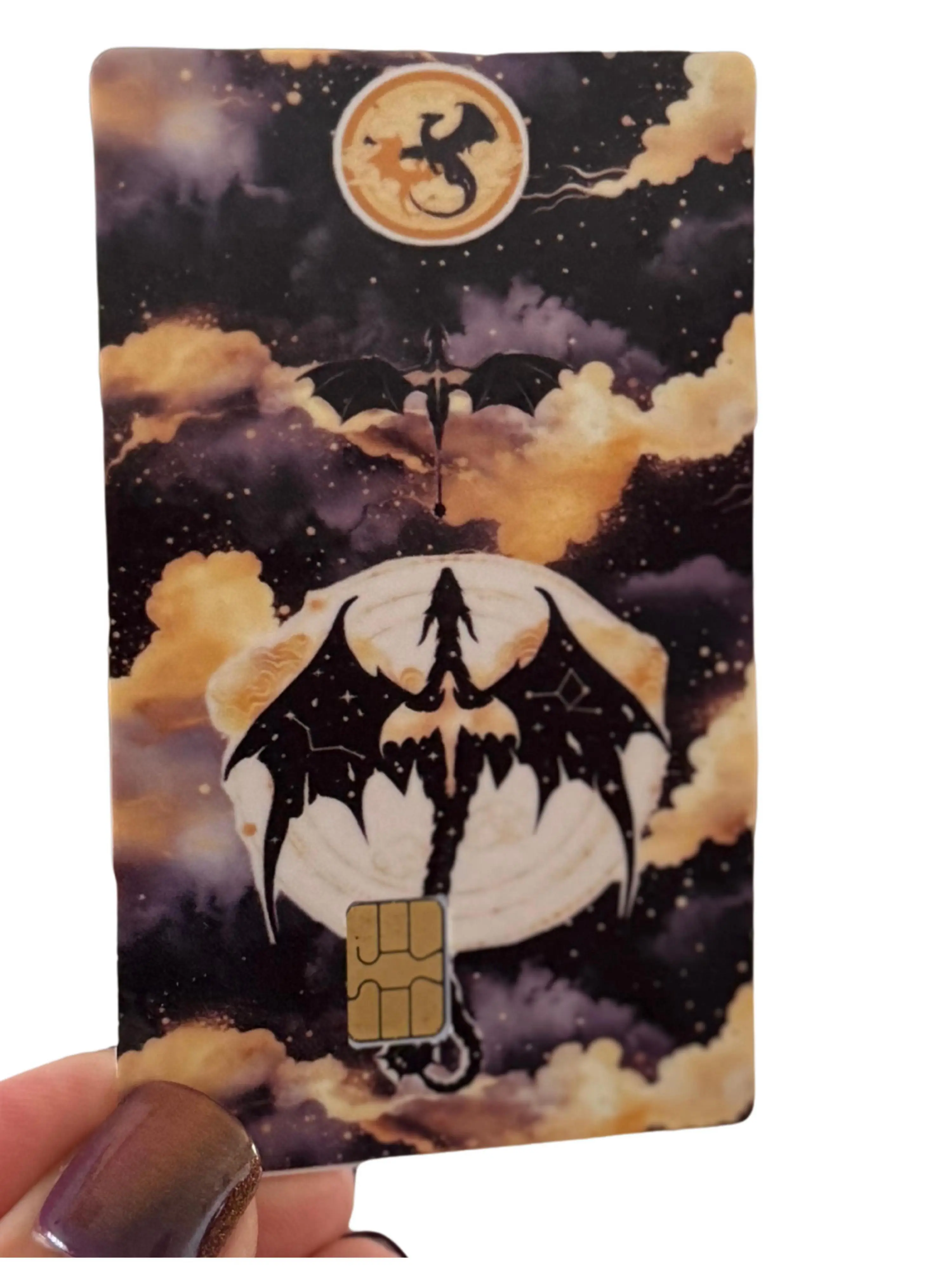 Premium Quality Holographic Moonlit Dragon Silhouette Card Sticker Cover - Durable, Water-Resistant Adhesive, Anime Fantasy Night Sky Dragon Rider Decal, Personalized Expression Anime Flair for Credit/Debit Cards, DIY Scrapbooking