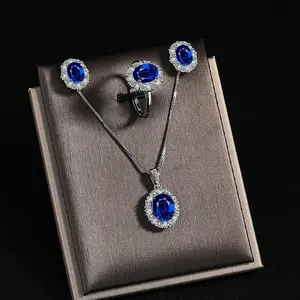 Classic Oval Blue Gemstone Jewelry Set - 3pcs Bridal Party Gift men