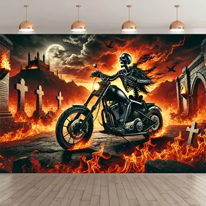 Skeleton Rider Tapestry Flaming Motorcycle Backdrop Gothic Theme Wall Hanging Photography Background Skull Decor for Living Room Bedroom Indoor Outdoor Party Decoration