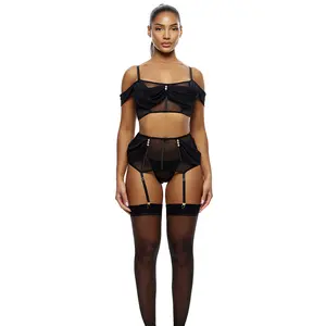 Forplay Princess Treatment 3-Piece Draped Mesh Bra and Garter Skirt Lingerie Set - Black