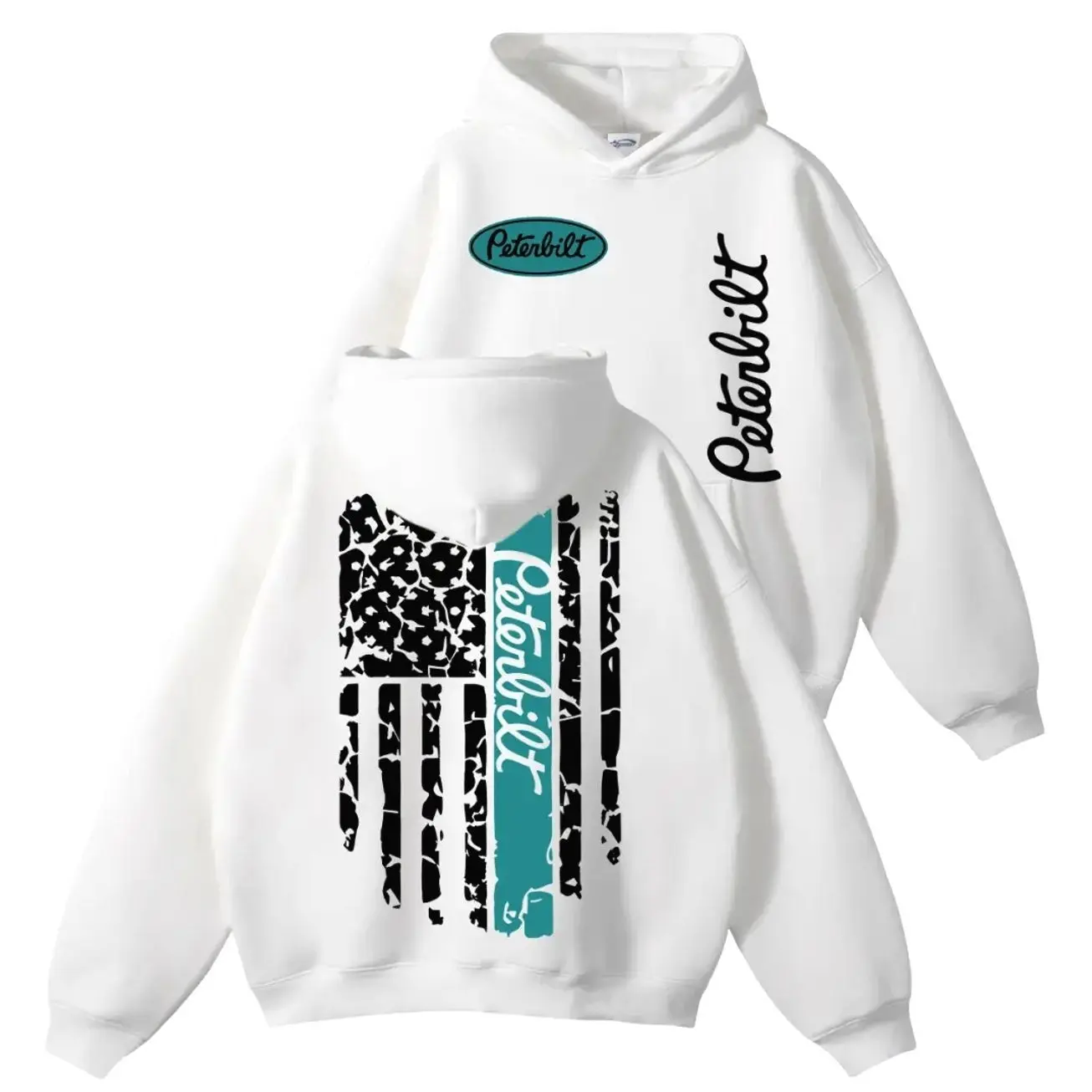 Peterbilt American Flag Hoodie – Distressed Flag Graphic, Blue Stripe Semi Truck Hoodie, Trucker Life Hoodie, Vintage USA Trucker Outfit L8D