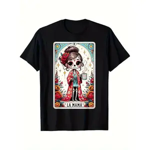 Men'S Spanish Mother'S Day T-Shirt - La Mama Graphic Tee with Floral Skull & Mexican Cultural Design, 100% Retro Mexican Style Short Sleeve Round Neck Shirt