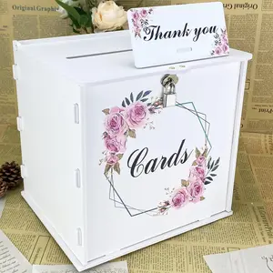 White Wedding Card Box with Lock,  Wedding Card Boxes for Reception  Holder with Rose Sign for Wedding Decorations,  Showers, Birthdays, Bridal or Graduation Party Supplies