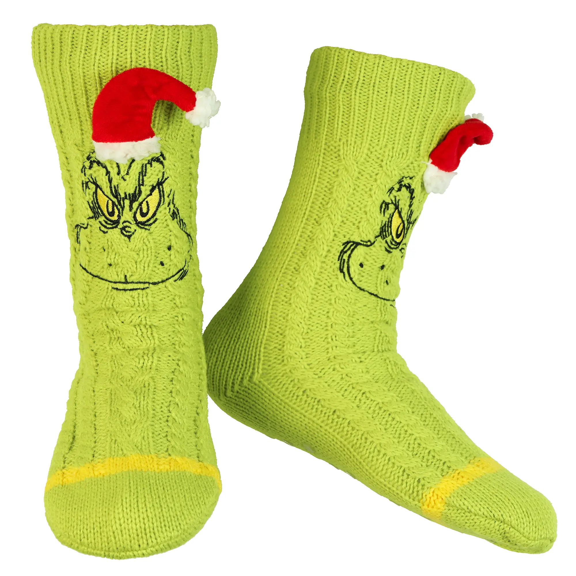 Dr. Seuss GRINCH Adult Sherpa Lined Grinch Face Santa Hat Sweater Knit Slipper Socks For Men and Women