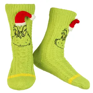 Dr. Seuss GRINCH Adult Sherpa Lined Grinch Face Santa Hat Sweater Knit Slipper Socks For Men and Women