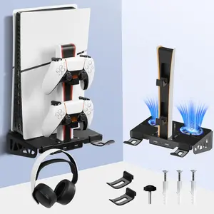 Wall Mount Kit for PS5/PS5 Slim with  Station and Cooling Fans, PS5 Shelf Wall Mount Accessories, Steel Wall Stand with Dual Controller Charger, Headset Hanger for All PS5 Versions