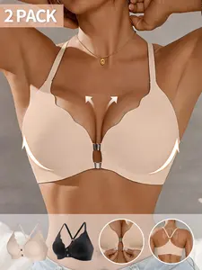 1/2 Pack women's Front Closure Wirefree Bra,Wave edge design, Easy On & Off, Light Support, Deep V-Neck Racerback Stretchy Comfy Bralette Wireless Compression Bras Seamless Tshirt Bras