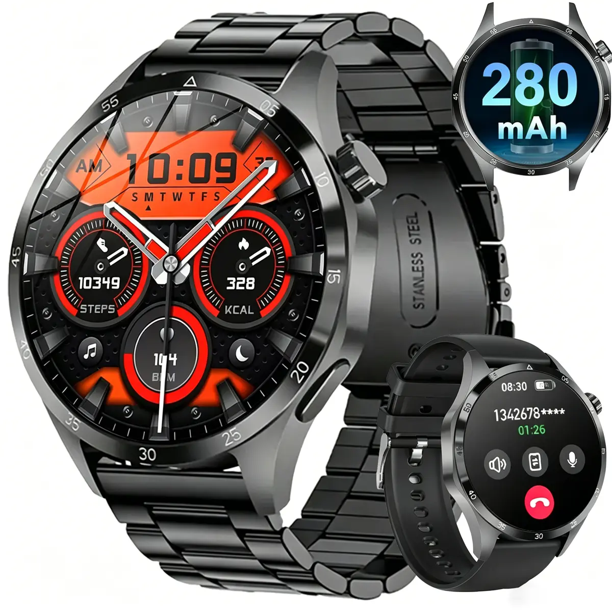 Active Men's military smartwatch,280mAh/1.52 inch AMOLED HD large screensmartwatch, phone sync information, wirelesscall, flashlight/multiple exercise modes /,fitness tracker watch for Android and iPhone,black Sports Tracking Wristwatch Wearable