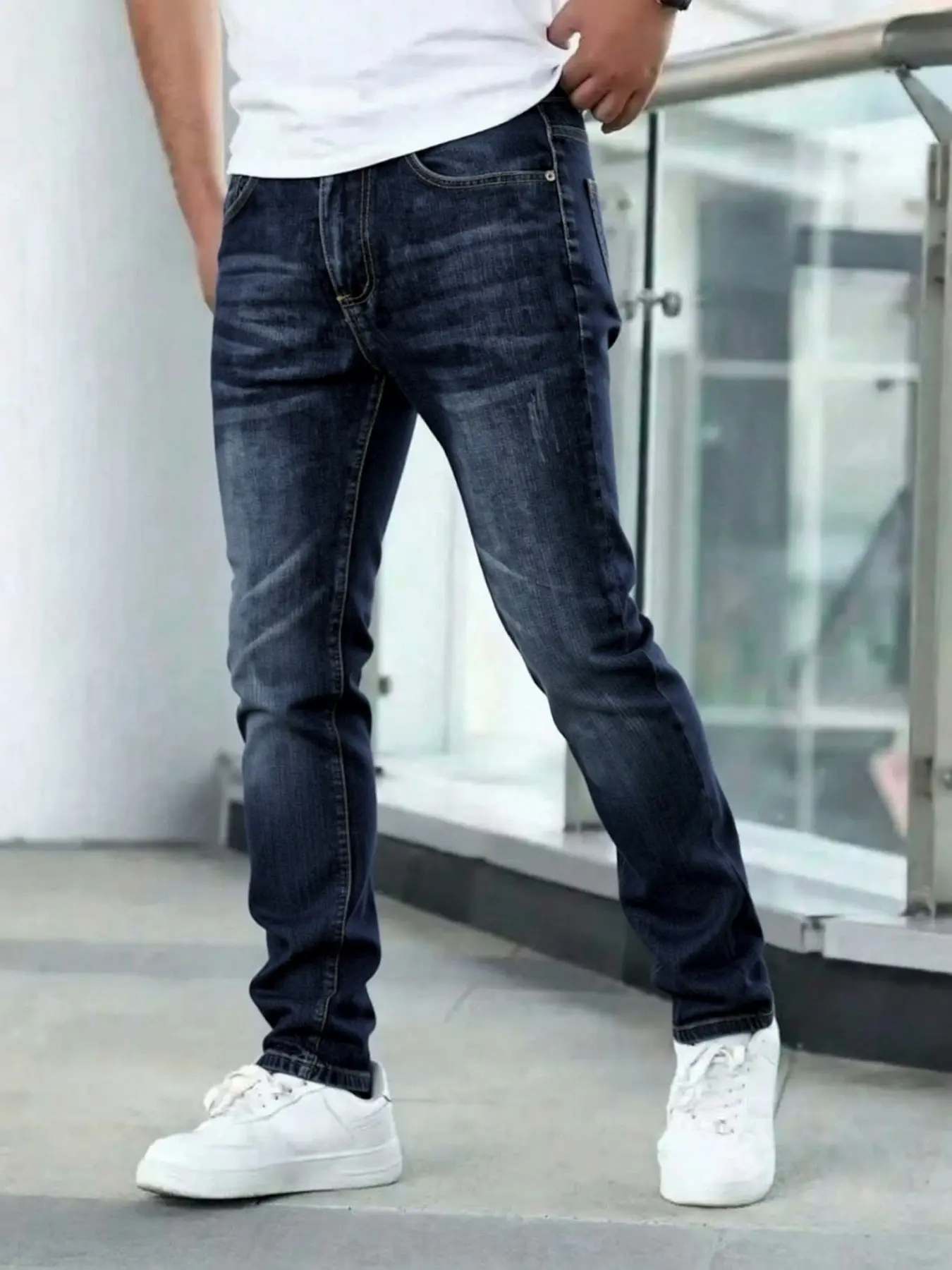 Men's Slim Fit Stone Washed Denim Jeans, Classic Plain Casual Pants with Comfortable Elastic Fabric. Perfect for casual wear, office, and daily occasions. Features a trendy tapered leg design, embodying fashion and street style Plain Denim Trousers