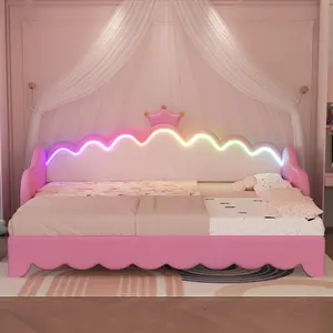 Twin Extending Daybed with LED Lights, Modern Upholstered Princess Daybed with Crown Headboard, Twin Sofa Bed Frame for Boys Girls, Pull-Out Design, No Box-Spring Needed
