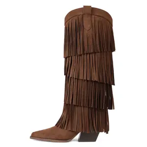 Women Tiered Fringe Cowboy Boots Multi Layer Tassel Western Tall Boots Pointed Toe Suede Chunky Heel Boots
