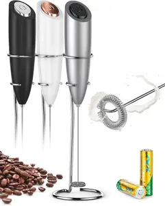 Handheld Electric Milk Frother,  Battery Operated Foam Maker with Stand & Stainless Steel Whisk for Latte, Cappuccino & Bulletproof Coffee, Gray