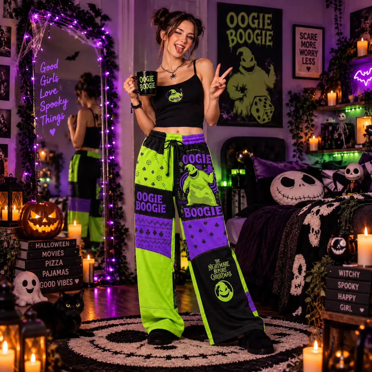Oogie Boogie Halloween Wide Leg Pants, The Nightmare Before Christmas Graphic Lounge Pants, Drawstring Casual Pants, Spooky Gift for Fans
