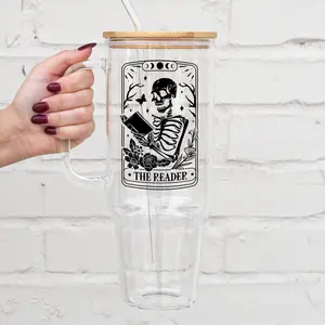 The Reader Tarot Card Glass Tumbler with Lid and Plastic and Glass Straws The Reader Tarot Card Glass Tumbler with Lid and Plastic and Glass Straws