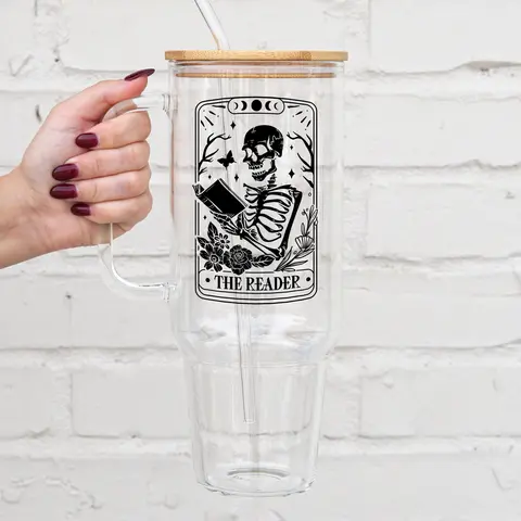 Reader Print 40oz Glass Tumbler with Handle, Bamboo Lid & Straw, Book Gift