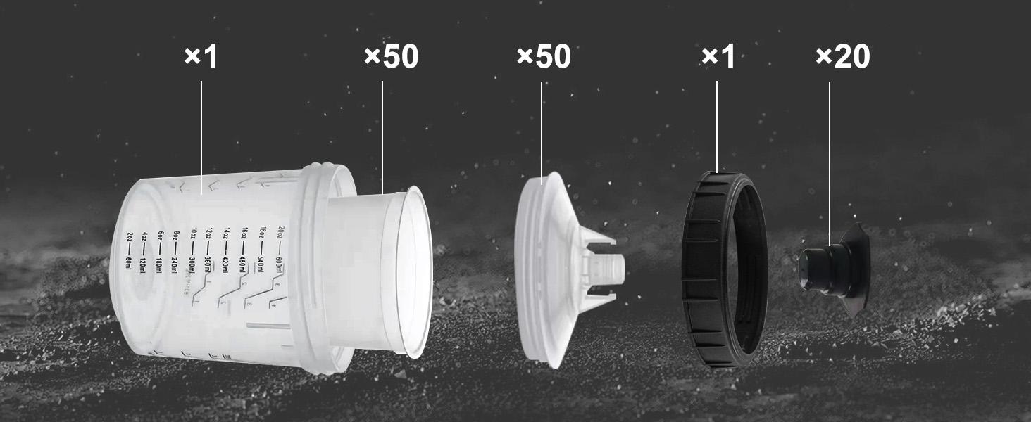 RRJ One-time Paint Cup Set, suitable for HVLP/LVLP spray guns. Available in capacities of (800/600/200 milliliters selectable). Includes: 50 cups + lids, 1 hard cup with scale and ring, adapter, paint stirrer, high-capacity mode adjustment device. Sprayer RRJ One-time Paint Cup Set, suitable for HVLP/LVLP spray guns. Available in capacities of (800/600/200 milliliters selectable). Includes: 50 cups + lids, 1 hard cup with scale and ring, adapter, paint stirrer, high-capacity mode adjustment device. Sprayer
