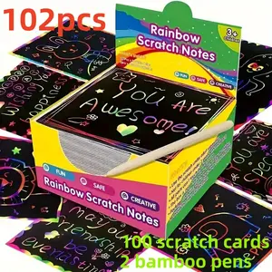 102-Piece Scratch-Off Paper Set with Bamboo Pens, Rainbow Mini Art Notes, Party Supplies, Birthday Halloween Christmas Gifts, Socks Fillers, Drawing Paper