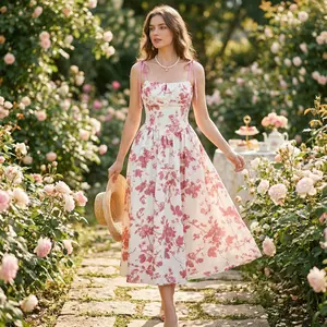 Floral Print Square Neck Tie Strap A-Line Midi Dress for Women 2026 - Sleeveless Smocked Waist Casual Sundress | Brunch, Beach Vacation, Wedding Guest, Resort Wear & Summer Casual