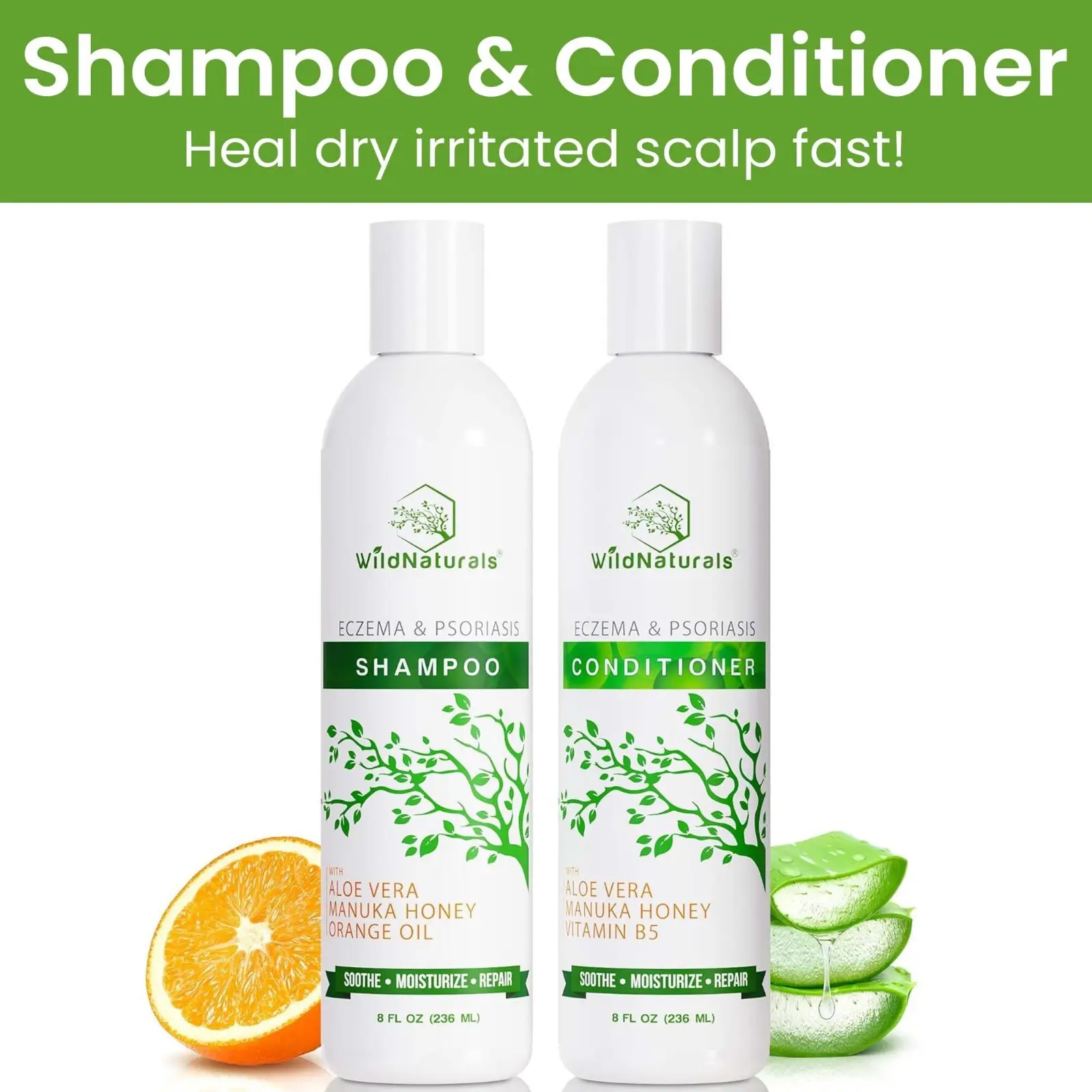 Wild Naturals Eczema Shampoo & Conditioner Set - Organic Aloe Vera, Coconut Oil, Manuka Honey - Anti-Dandruff, Itchy Scalp & Flaky Skin Relief - Sulfate-Free, Hydrating Formula for Sensitive Scalps