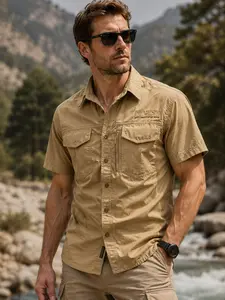 Men’s Lightweight Tactical Button Down Shirt Short Sleeve Outdoor Hiking Work Shirt with Multi Pockets and Zipper Pocket