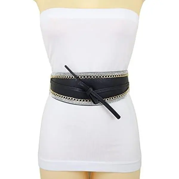 Women Fashion Black Wide Band Wrap Around Tie Belt High Waist Gold Chain Kimono S M