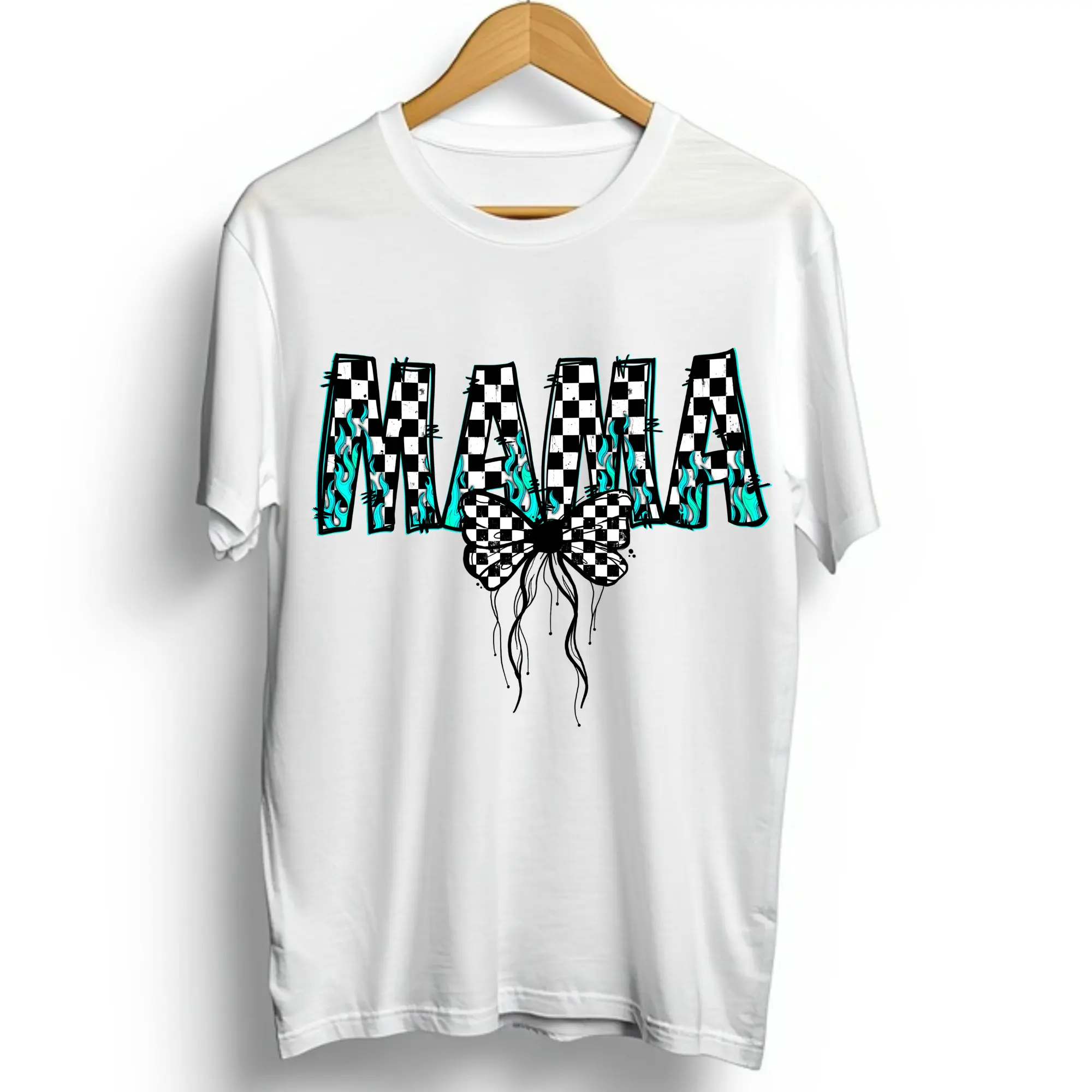 Mama Black Checked with Teal Flames Direct To Film Print, DTF Print, Ready to Press Print For T-Shirts