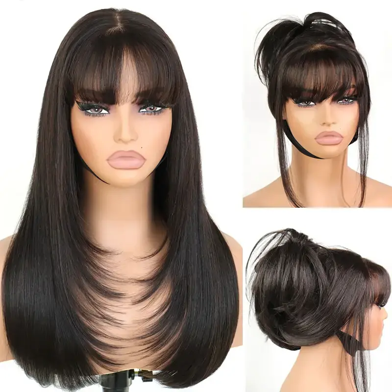 [Blend]Glueless Straight Layered Wigs with Bangs Wear and Go 6x4 Lace Front Wig ,Pre Style Realistic Look with True Scalp Tiny Knots 220% Density