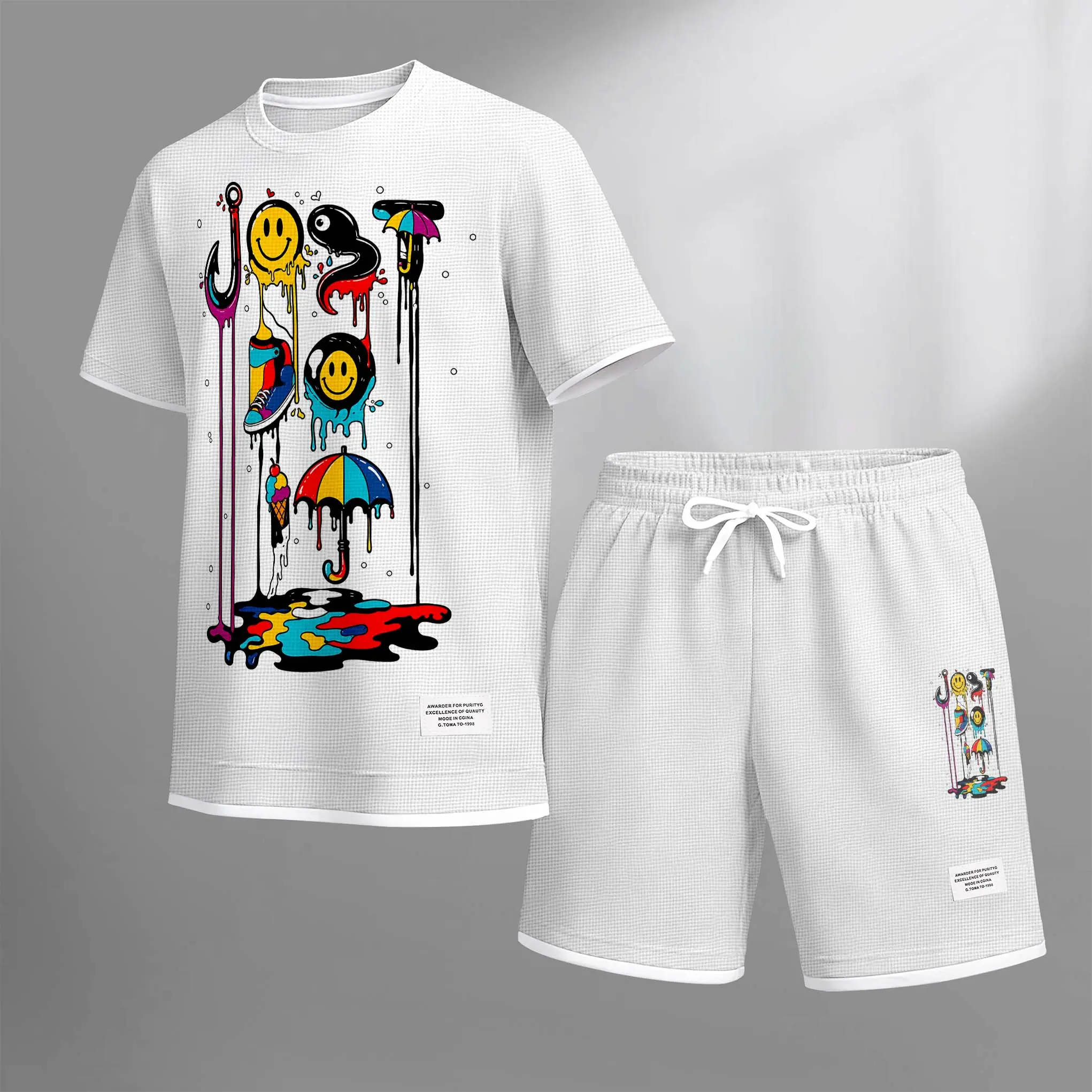 Men's Letter Limit Print Drawstring Shorts Set For Spring/Summer. A Casual Summer Outfit, Including A Short-Sleeved Shirt And Shorts, Suitable For Everyday Wear And Sports. A Two-Piece Set For A Relaxed And Energetic Lifestyle.